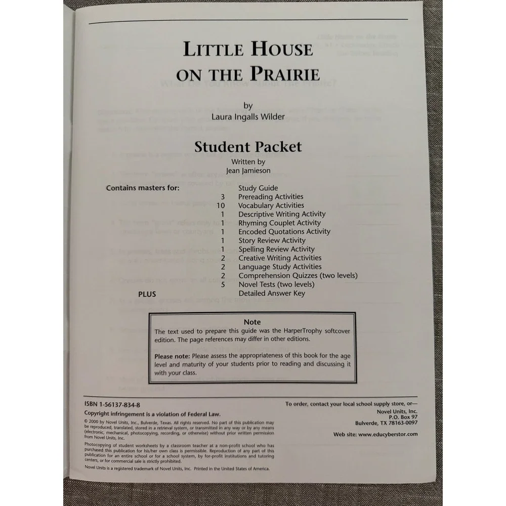 Little House on the Prairie Novel Units Student‎ Packet Grades 3-4 Laura Wilder